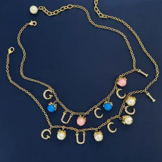 Gucci Gold Multicolor Multi-Row Chain Letter-Charm Pendant Necklace