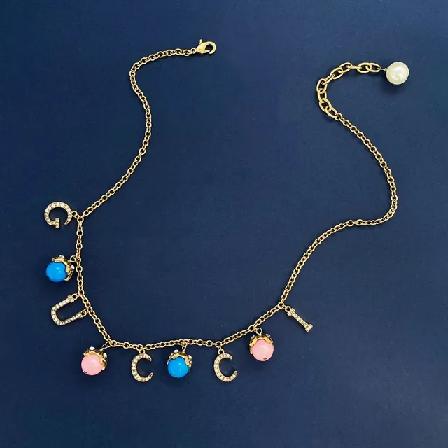 Gucci Gold Multicolor Multi-Row Chain Letter-Charm Pendant Necklace 3