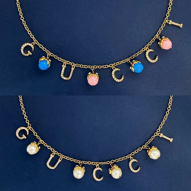 Gucci Gold Multicolor Multi-Row Chain Letter-Charm Pendant Necklace 5