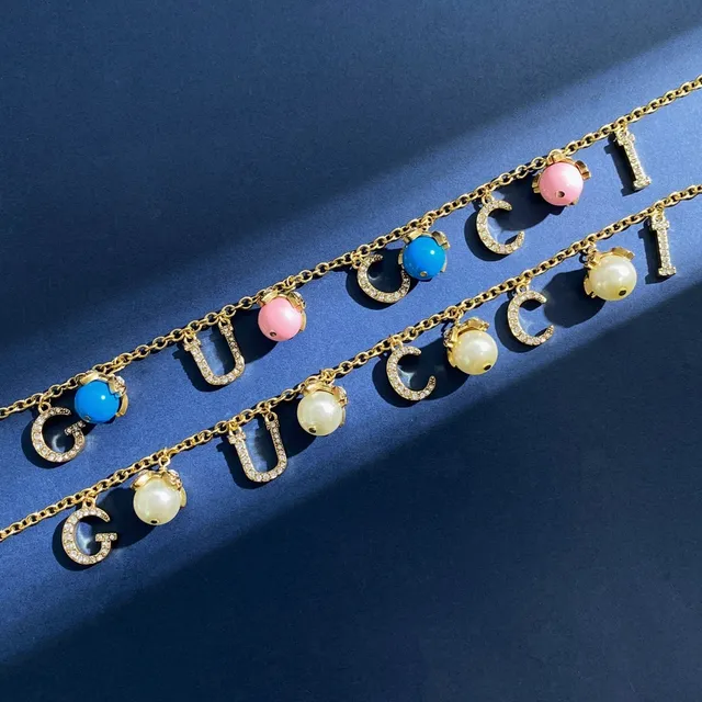 Gucci Gold Multicolor Multi-Row Chain Letter-Charm Pendant Necklace 6