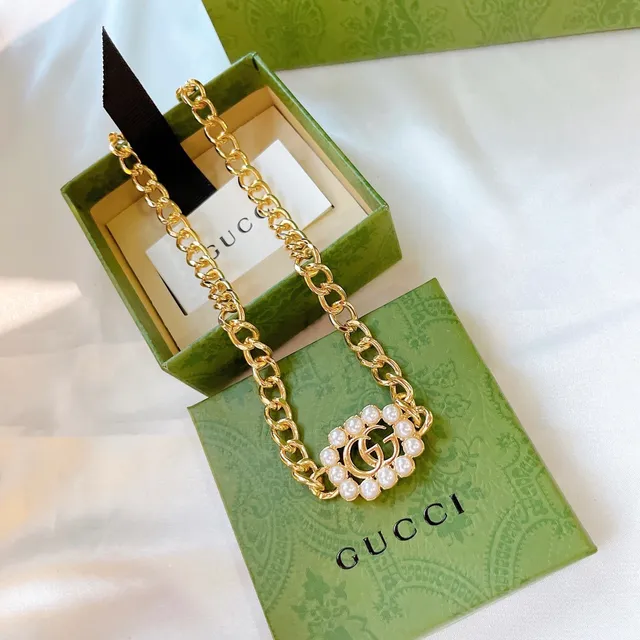 Gucci Gold White Curb Pearl-Embellished Double G Logos Chain Bag 7