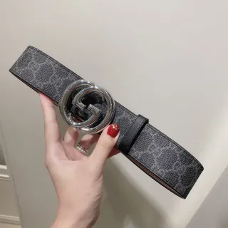 Gucci Gray Black Interlocking G Buckle Monogram GG Canvas Leather Belt