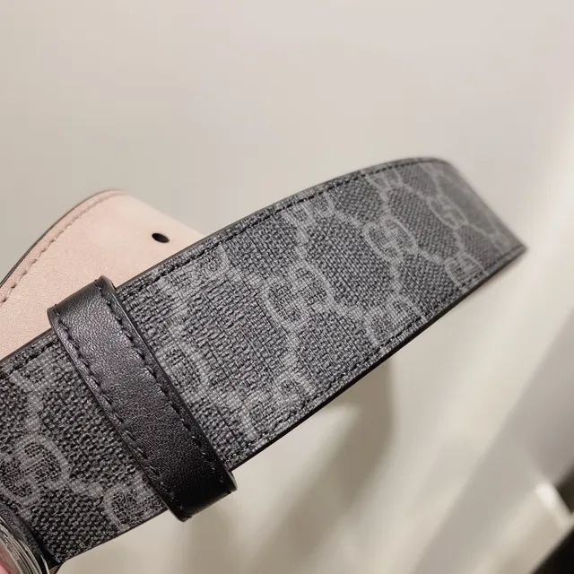 Gucci Gray Black Interlocking G Buckle Monogram GG Canvas Leather Belt 2
