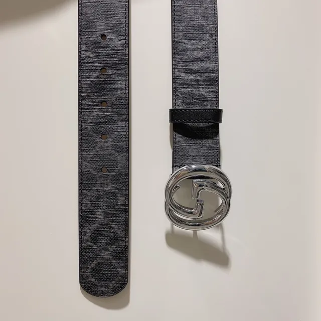 Gucci Gray Black Interlocking G Buckle Monogram GG Canvas Leather Belt 4