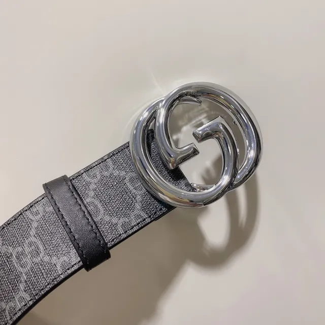 Gucci Gray Black Interlocking G Buckle Monogram GG Canvas Leather Belt 6
