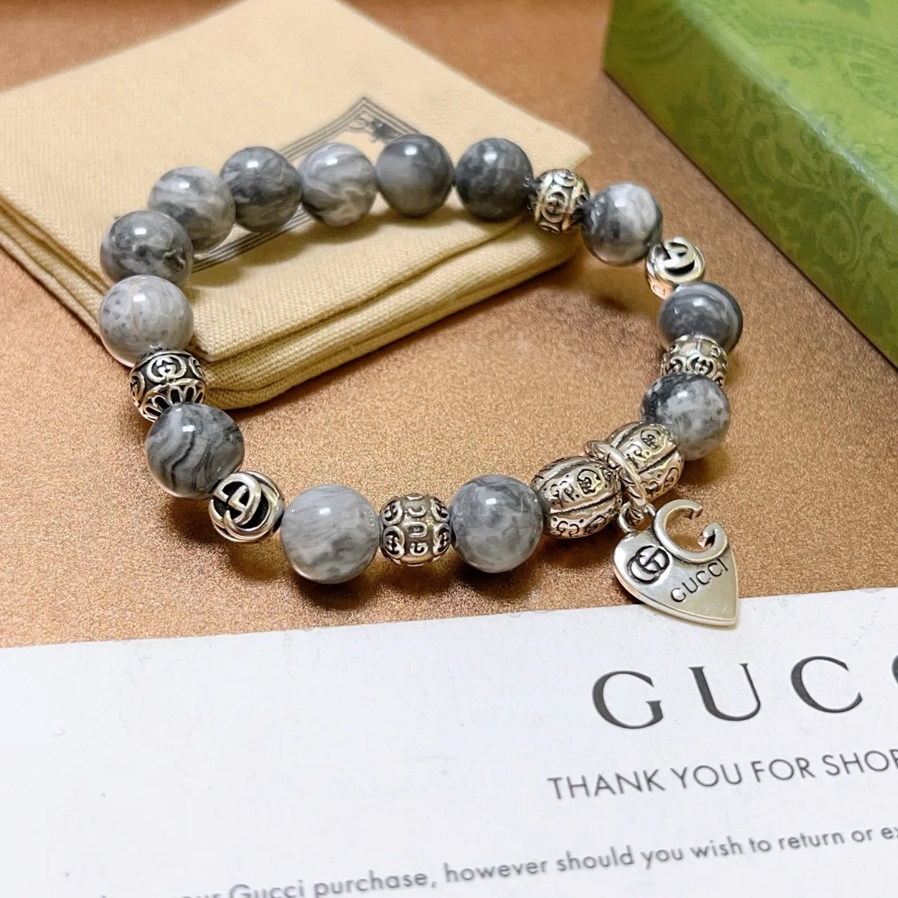 Gucci Gray Silver Marbled Stone Beads Metal Charms Bracelet 3