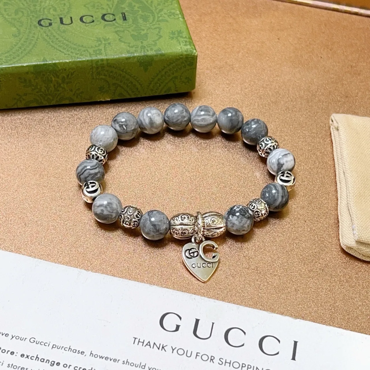 Gucci Gray Silver Marbled Stone Beads Metal Charms Bracelet 4