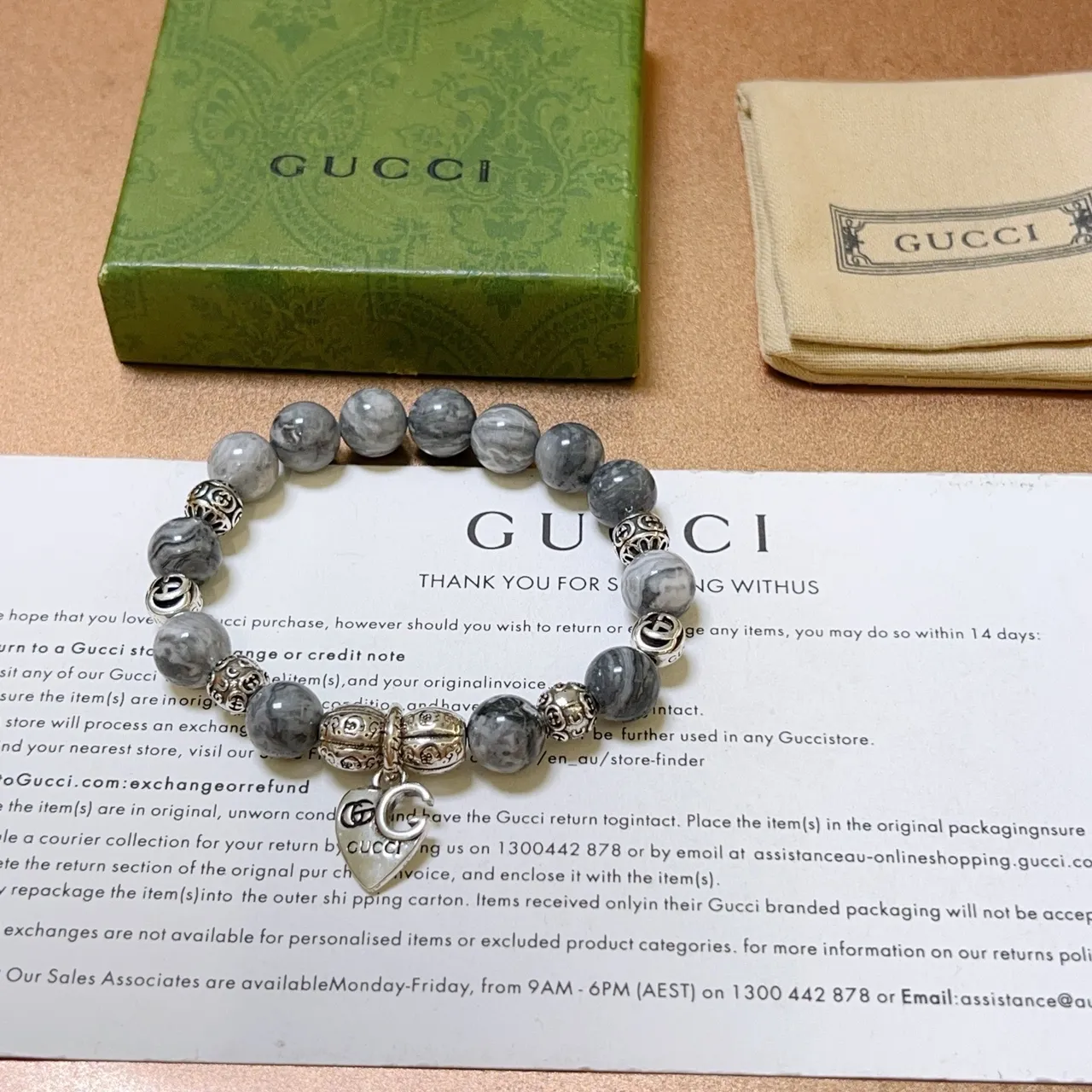 Gucci Gray Silver Marbled Stone Beads Metal Charms Bracelet 6