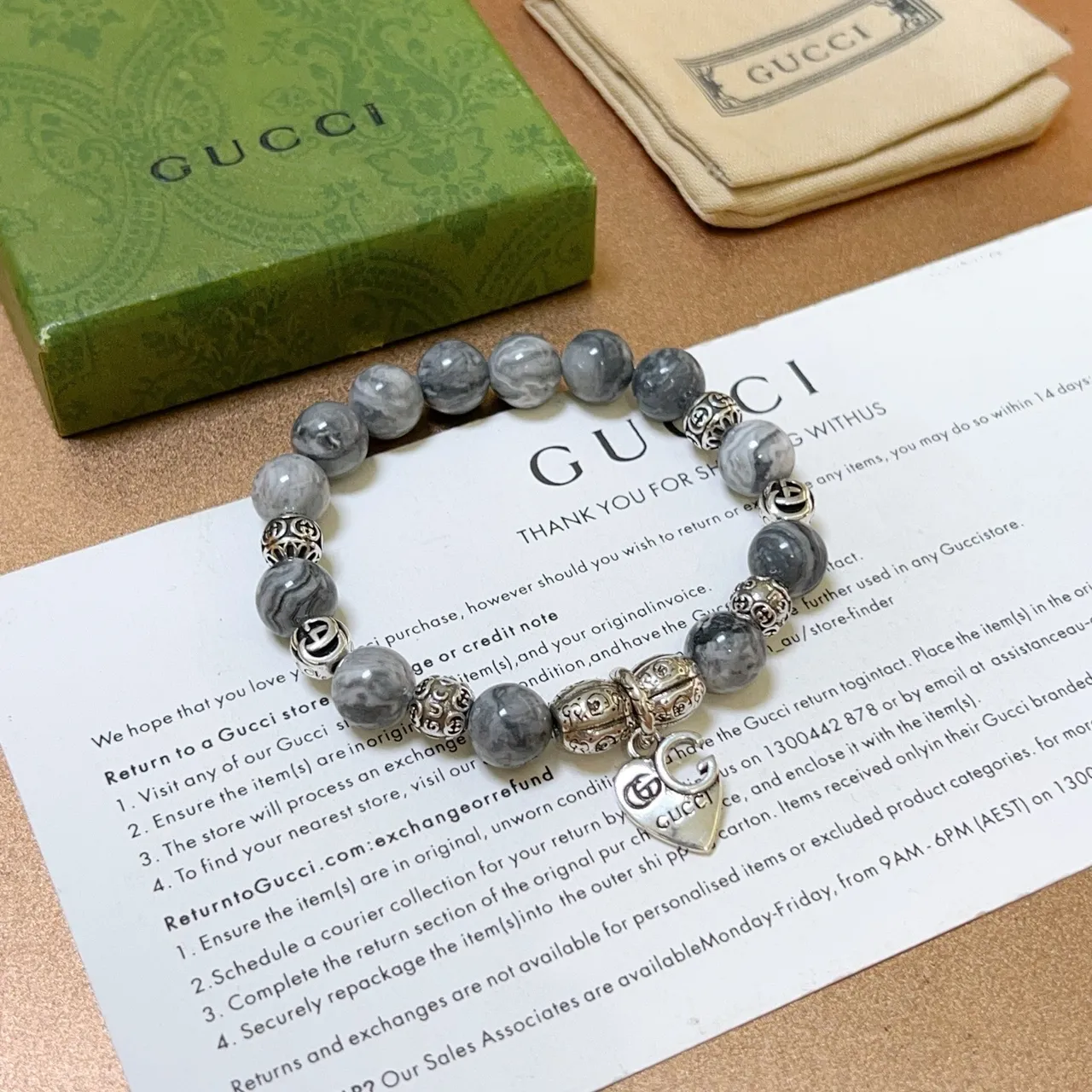 Gucci Gray Silver Marbled Stone Beads Metal Charms Bracelet 7