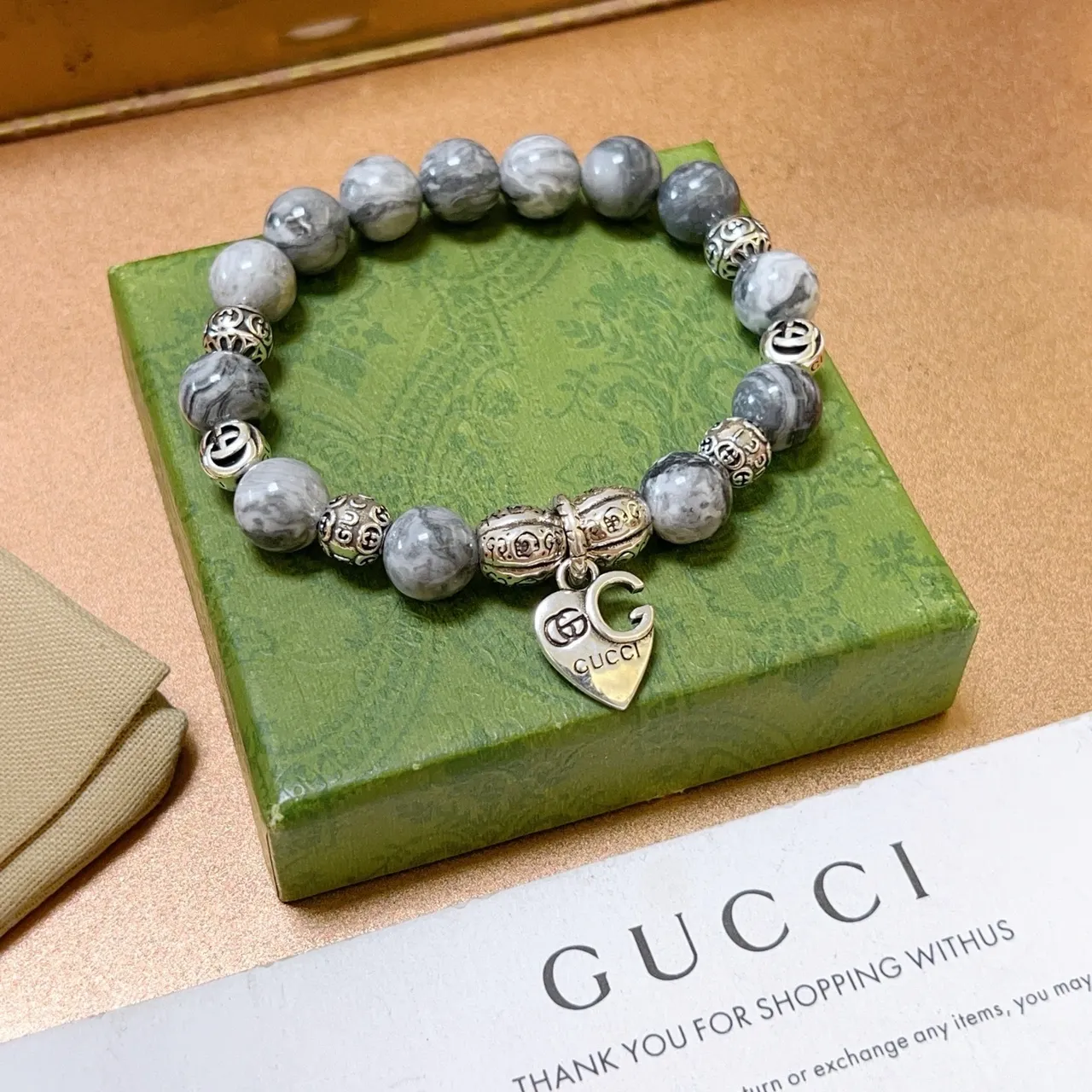 Gucci Gray Silver Marbled Stone Beads Metal Charms Bracelet 9
