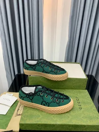 Gucci Green Black GG Monogram Mesh Upper Beige Crepe-Style Sole Lifestyle Sneakers 2