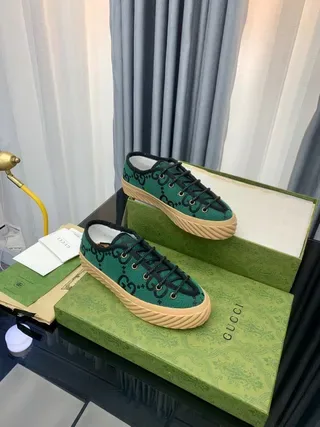 Gucci Green Black GG Monogram Mesh Upper Beige Crepe-Style Sole Lifestyle Sneakers 5