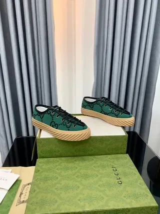 Gucci Green Black GG Monogram Mesh Upper Beige Crepe-Style Sole Lifestyle Sneakers 7