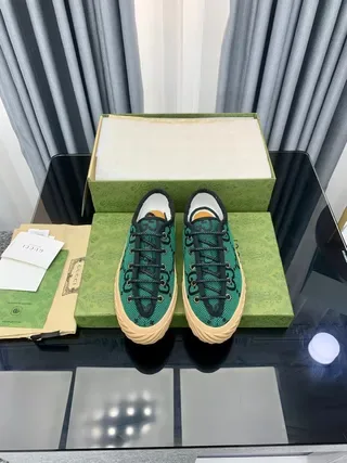 Gucci Green Black GG Monogram Mesh Upper Beige Crepe-Style Sole Lifestyle Sneakers 8