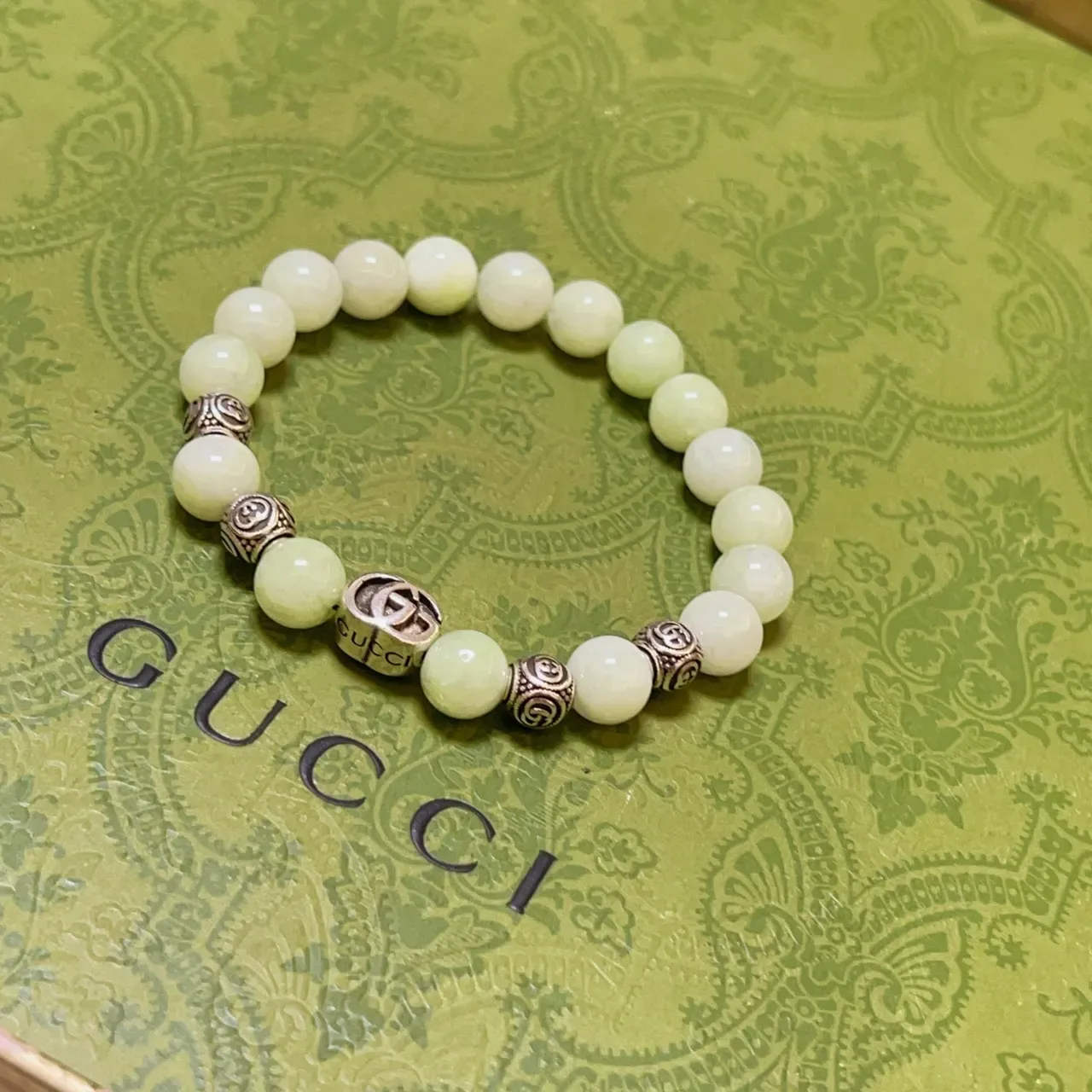 Gucci Green Silver Beaded Interlocking G Charm Bracelet 2