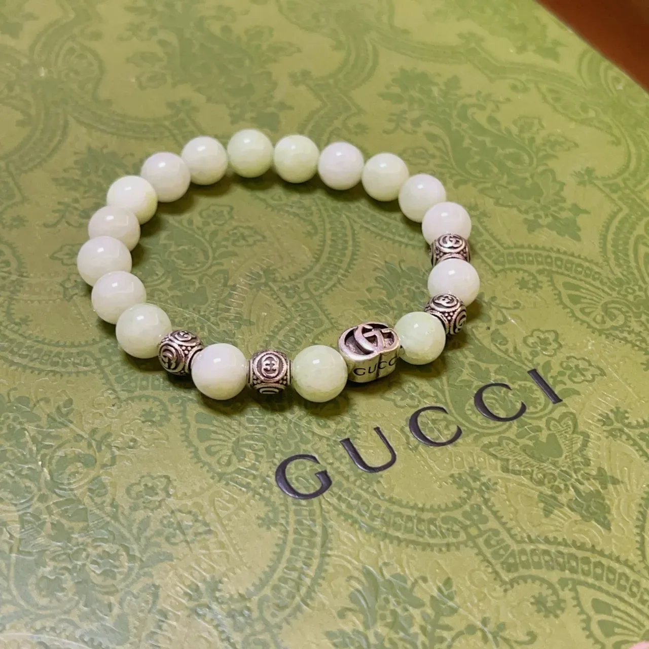 Gucci Green Silver Beaded Interlocking G Charm Bracelet 3