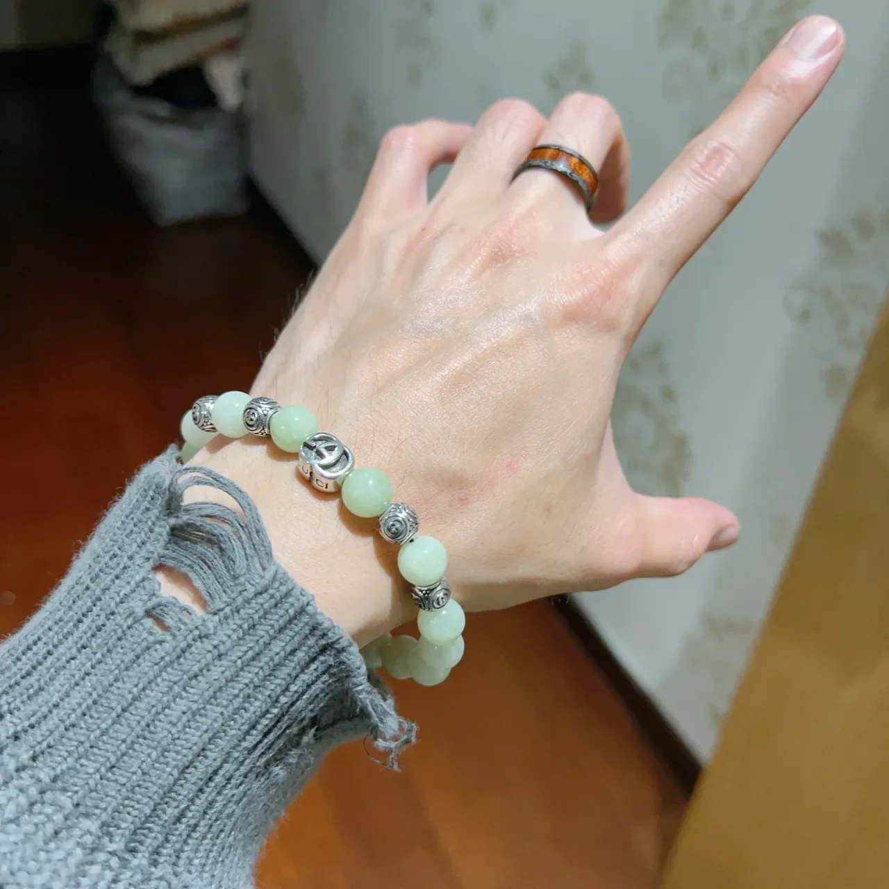 Gucci Green Silver Beaded Interlocking G Charm Bracelet 4