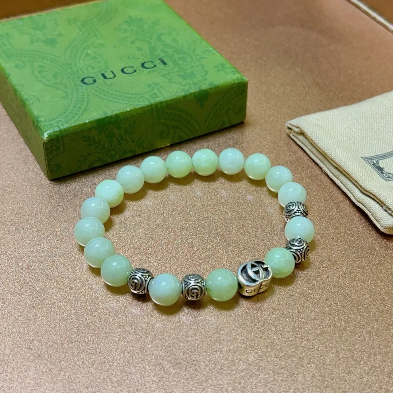 Gucci Green Silver Beaded Interlocking G Charm Bracelet 5