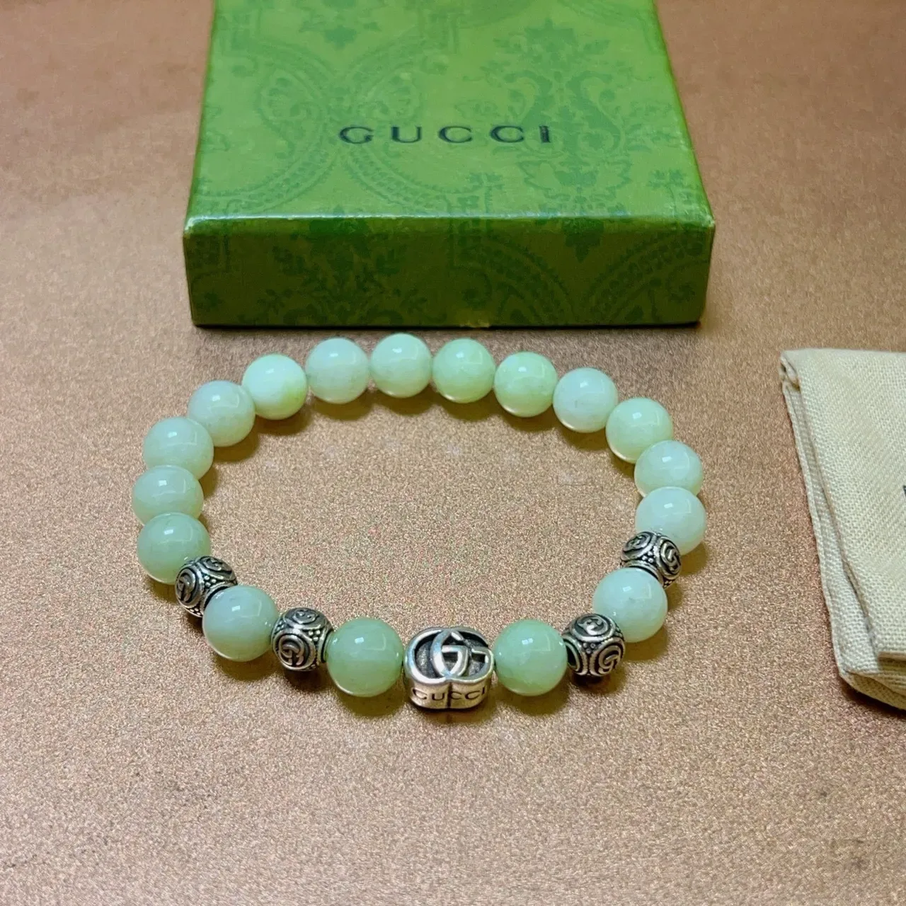 Gucci Green Silver Beaded Interlocking G Charm Bracelet 6