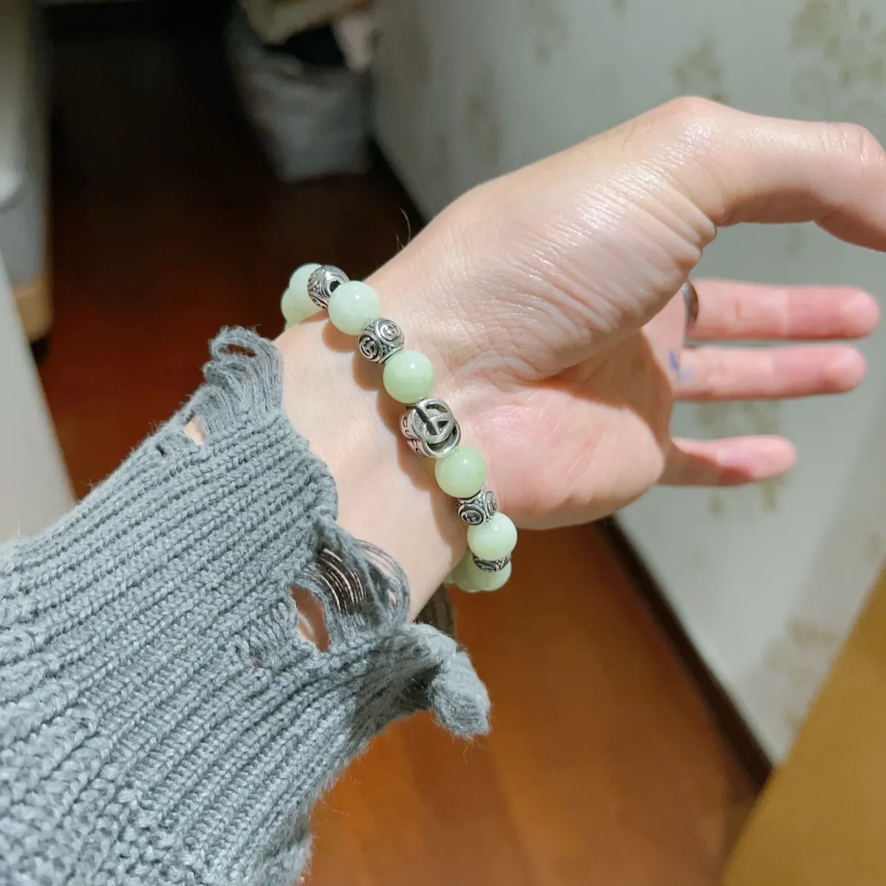 Gucci Green Silver Beaded Interlocking G Charm Bracelet 7