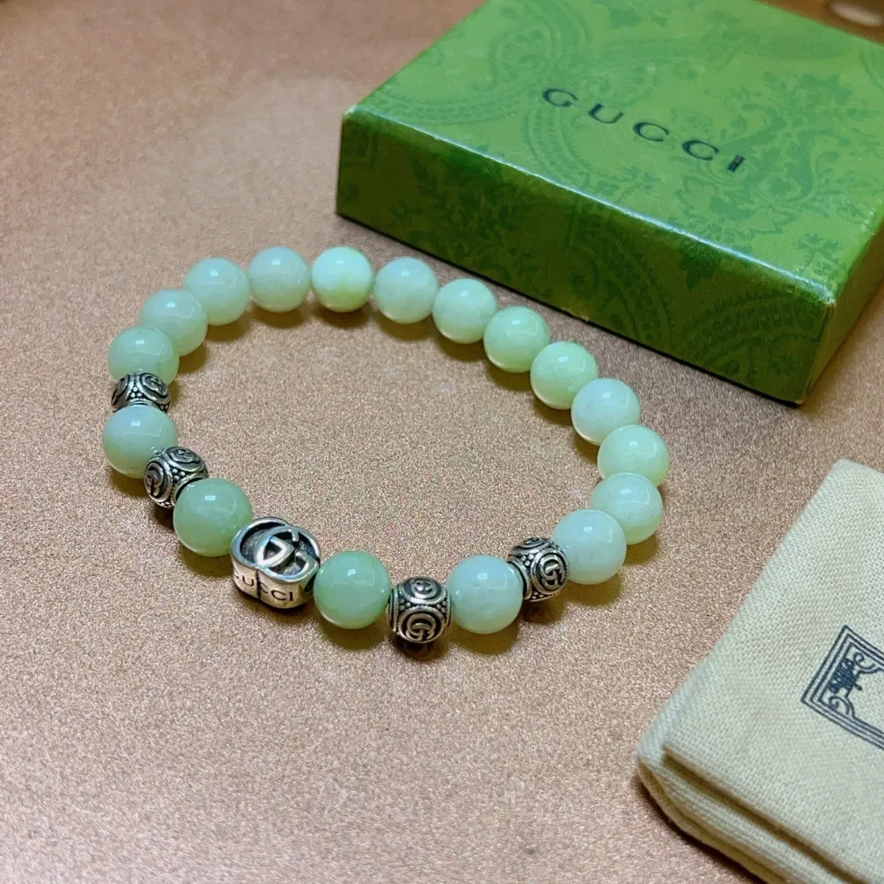 Gucci Green Silver Beaded Interlocking G Charm Bracelet 9