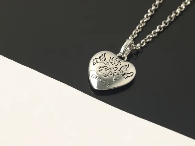 Gucci Heart Pendant Engraved Floral Butterfly Silver Necklace 2