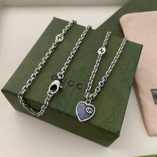 Gucci Heart Pendant Silver Blue Curb Chain Enamel Necklace