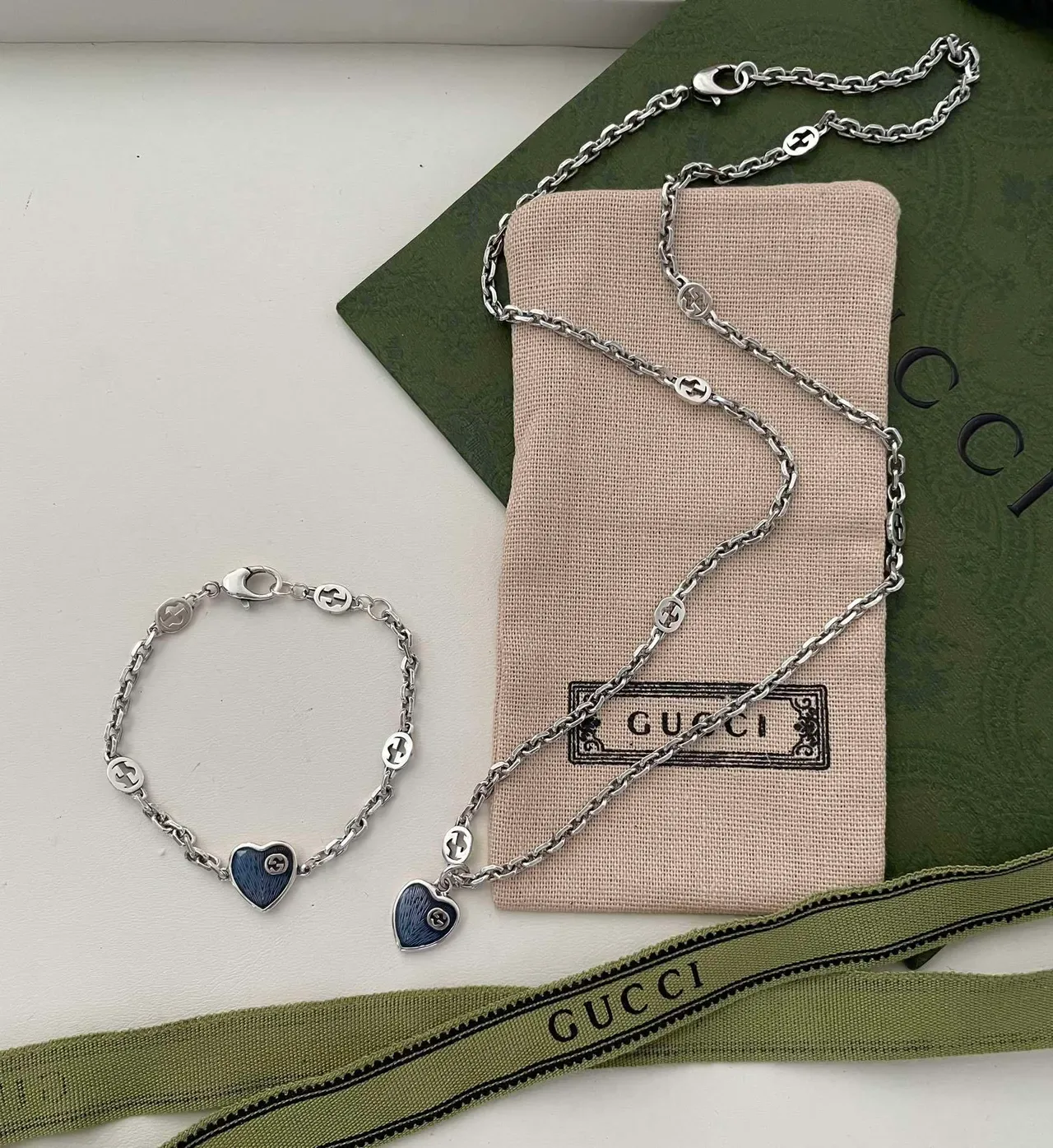 Gucci Heart Pendant Silver Blue Curb Chain Enamel Necklace 2