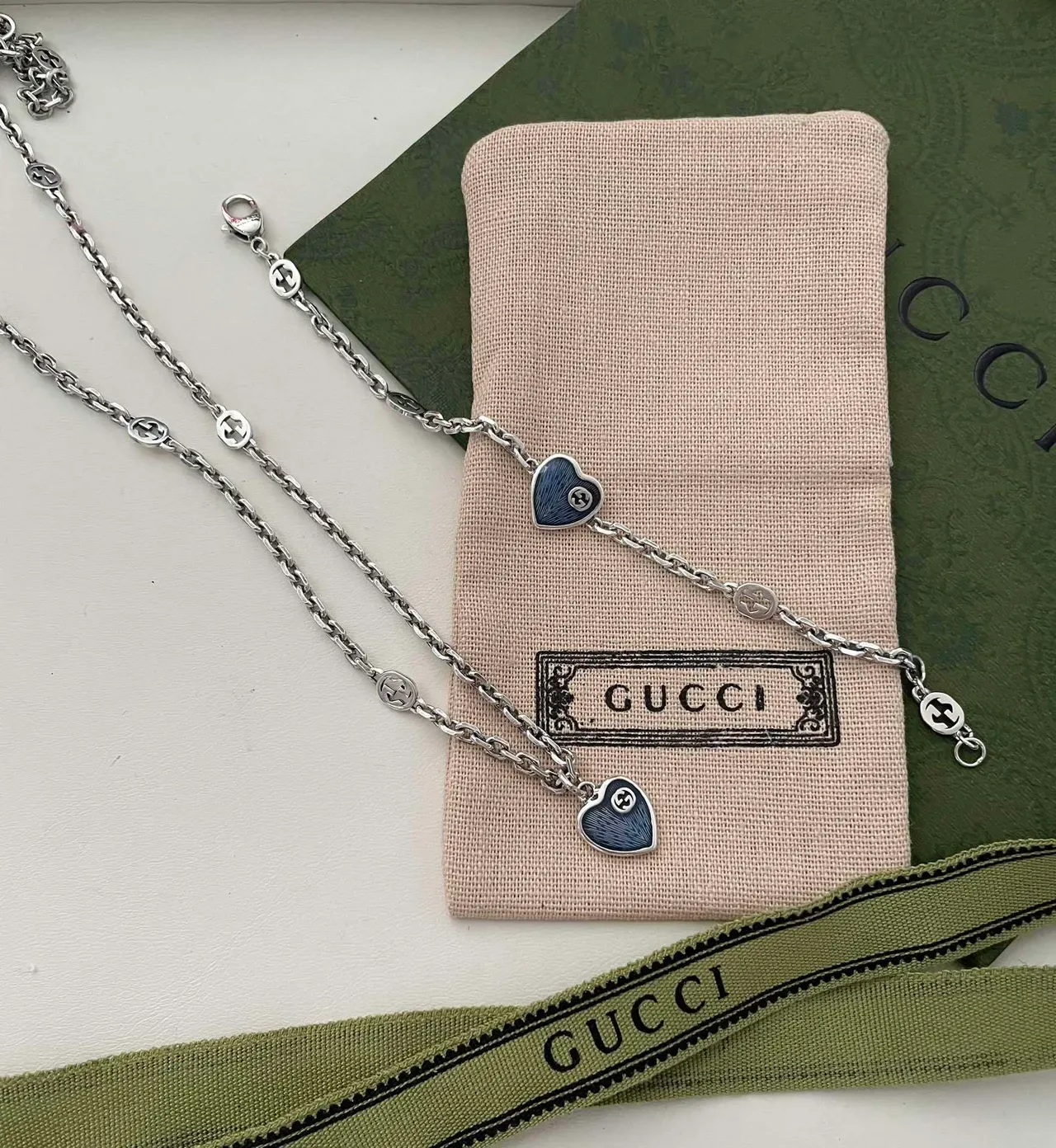 Gucci Heart Pendant Silver Blue Curb Chain Enamel Necklace 3