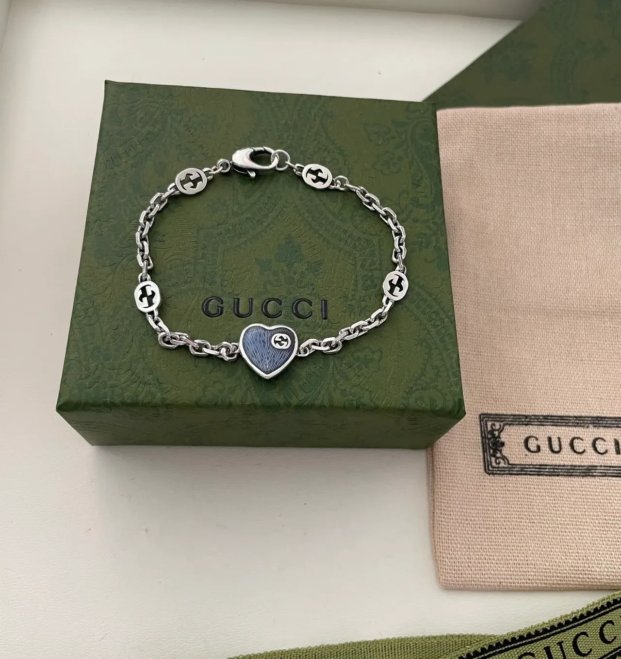 Gucci Heart Pendant Silver Blue Curb Chain Enamel Necklace 5