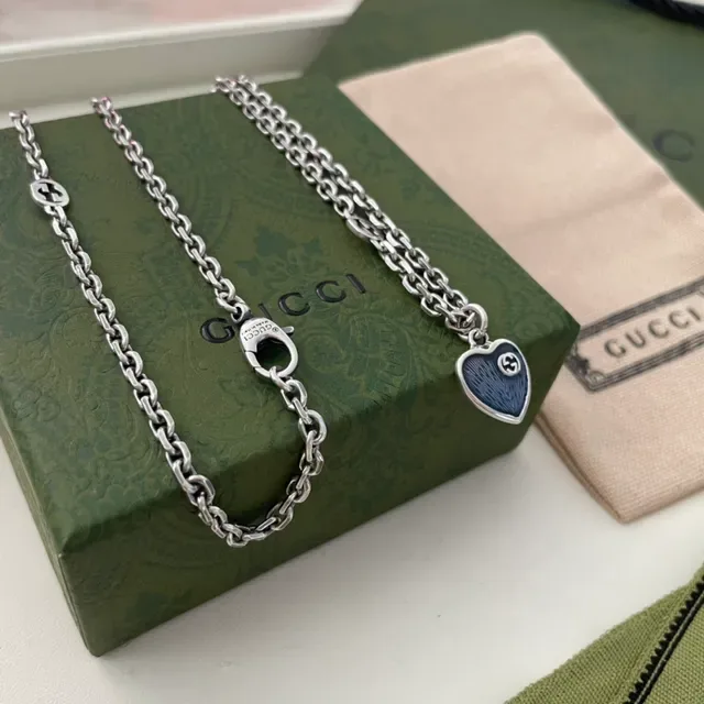 Gucci Heart Pendant Silver Blue Curb Chain Enamel Necklace 8