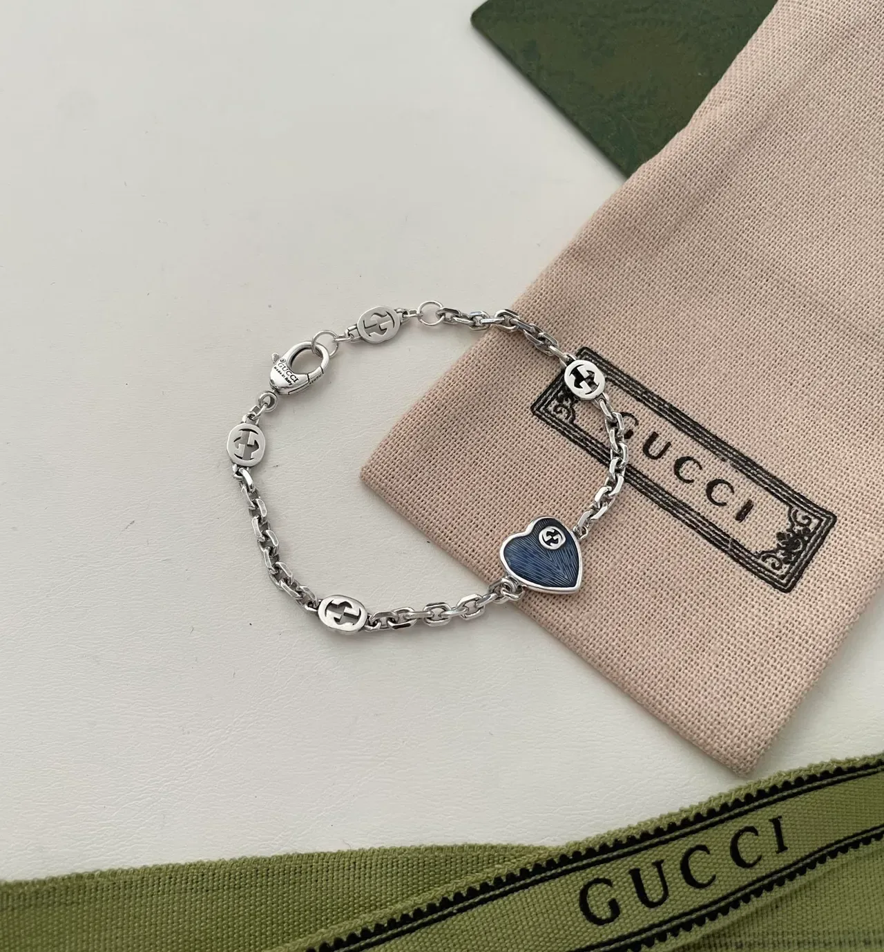 Gucci Heart Pendant Silver Blue Curb Chain Enamel Necklace 9