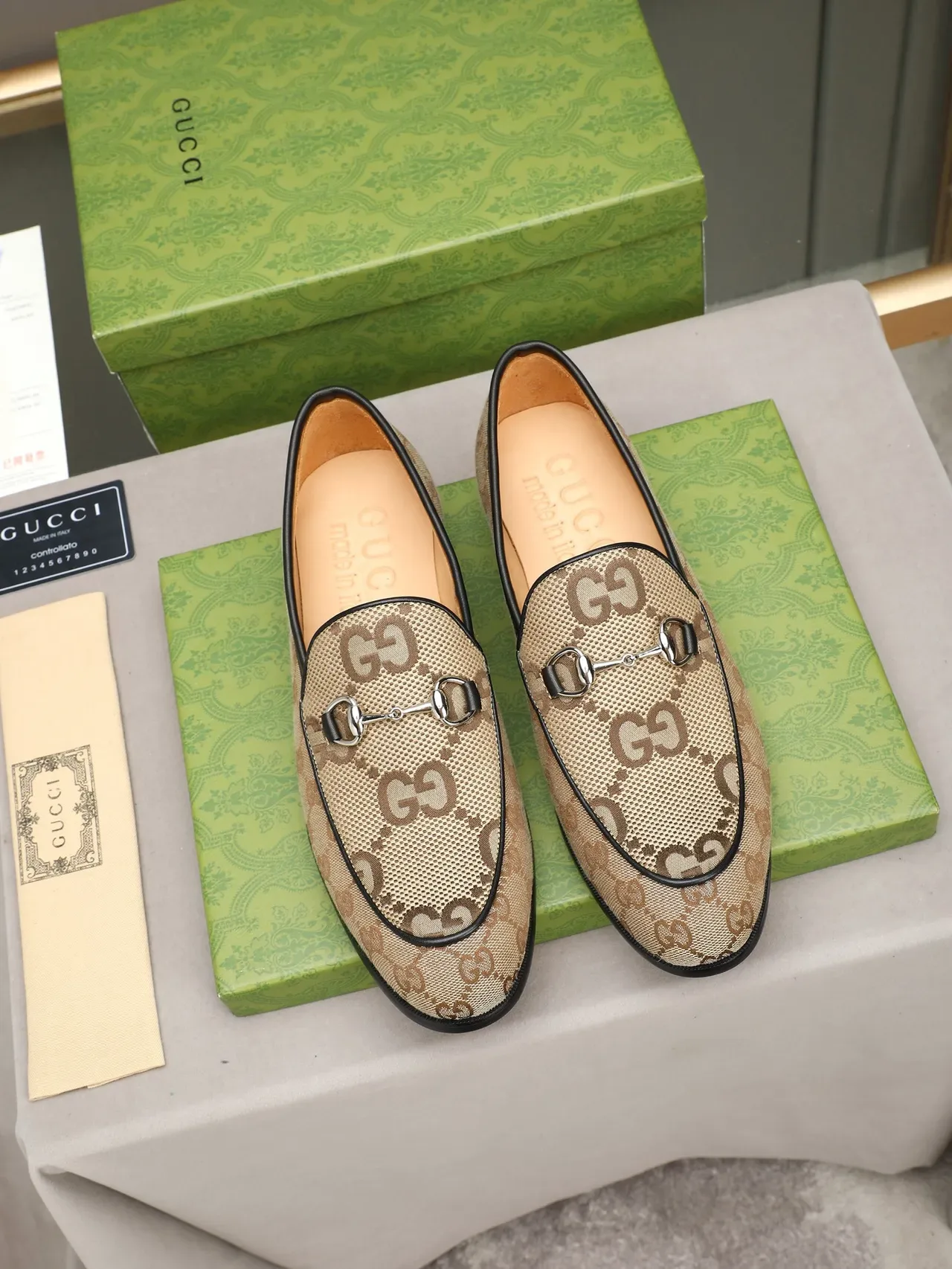 Gucci Horsebit 1955 Beige Brown GG Monogram Canvas Black Leather Trim Loafer 2