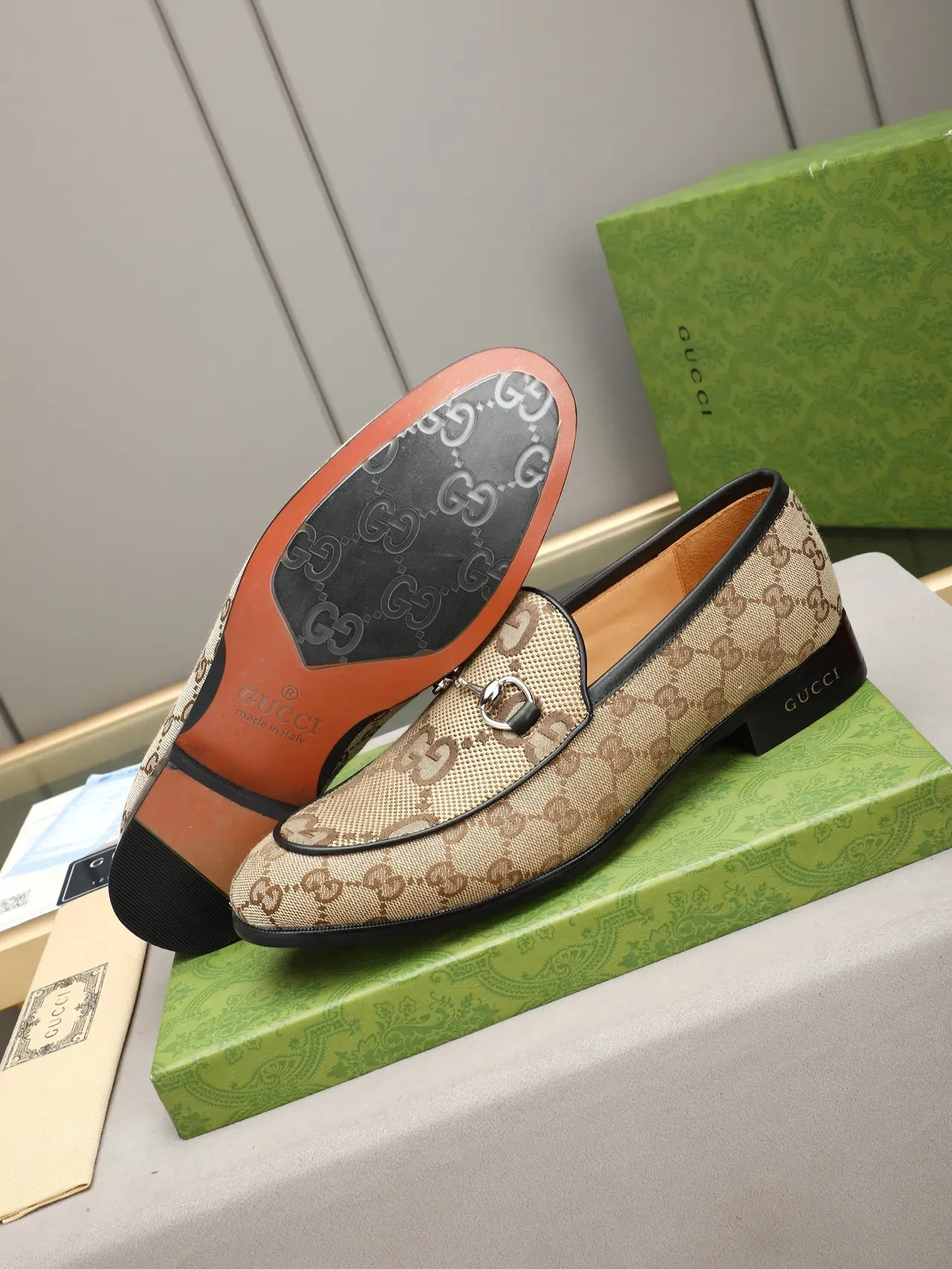 Gucci Horsebit 1955 Beige Brown GG Monogram Canvas Black Leather Trim Loafer 4