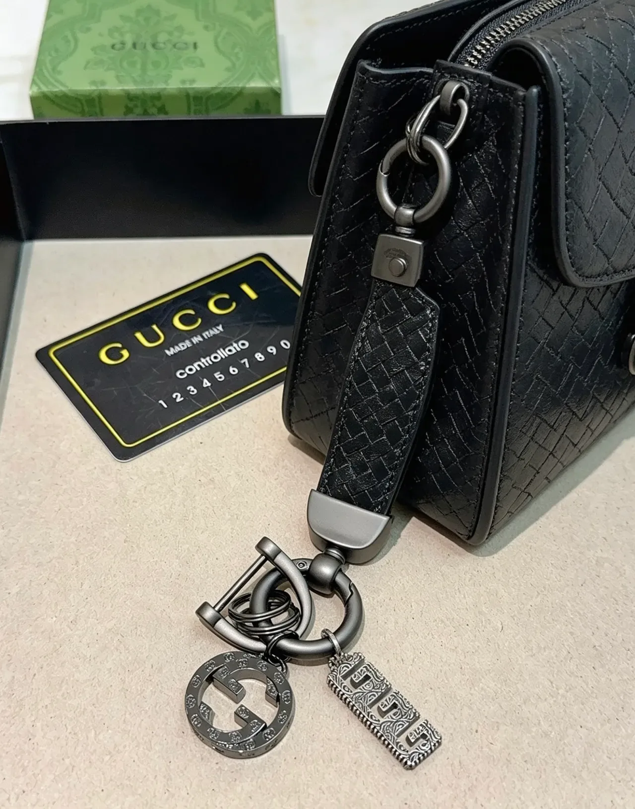 Gucci Horsebit 1955 Black Gray Metallic Dark Hardware Woven Leather Strap Bracelet 6
