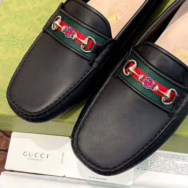 Gucci Horsebit 1955 Black Leather Web Stripe Loafers 6