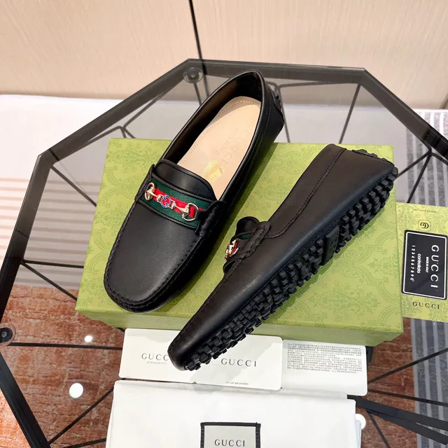 Gucci Horsebit 1955 Black Leather Web Stripe Loafers 7