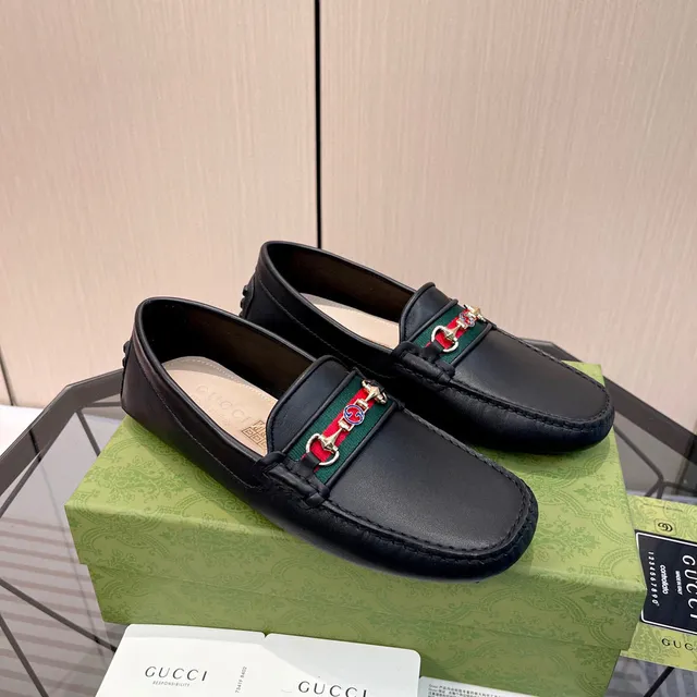 Gucci Horsebit 1955 Black Leather Web Stripe Loafers 9