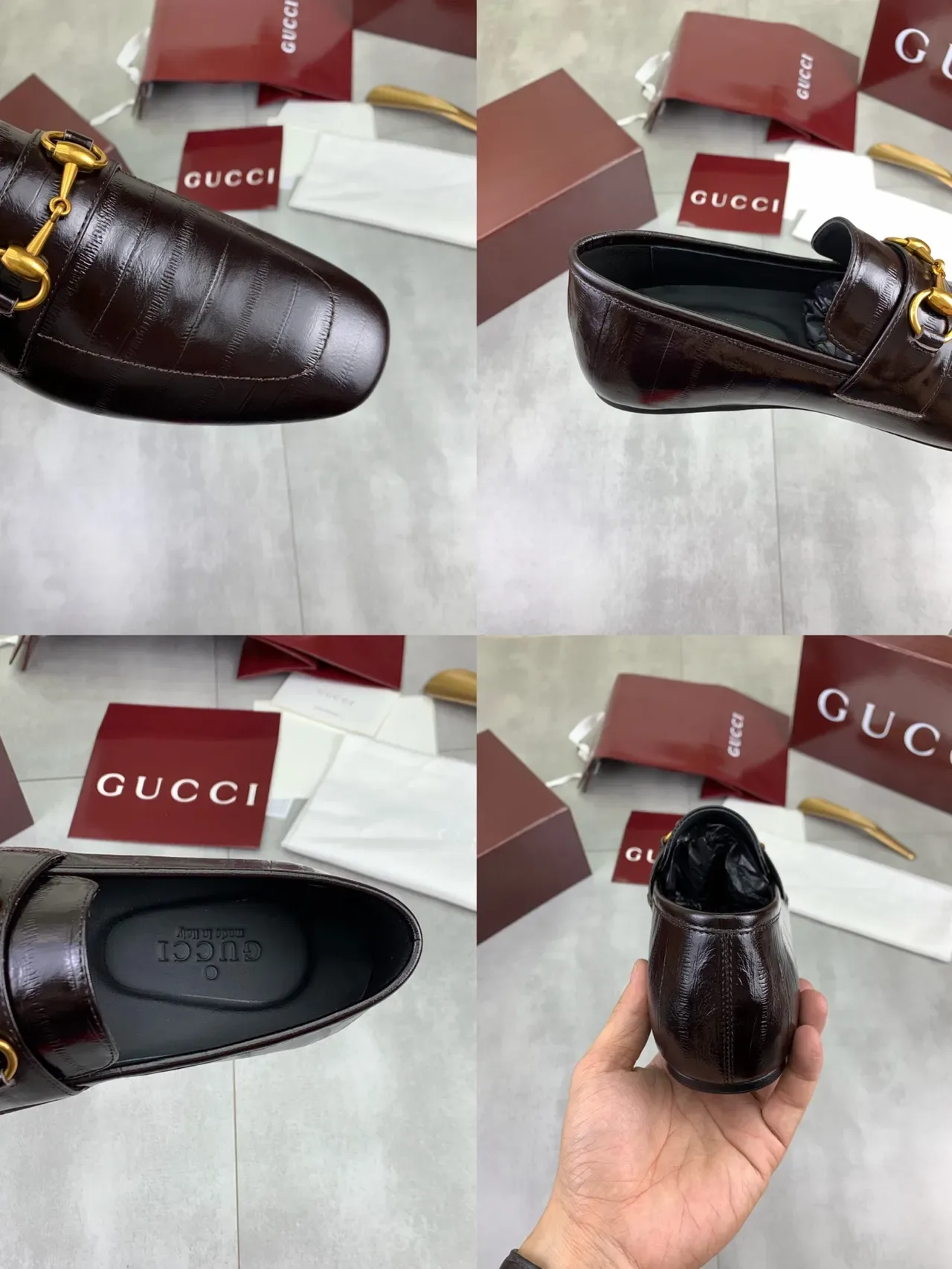 Gucci Horsebit 1955 Brown Gold Croc-Embossed Leather Buckle Loafer 2