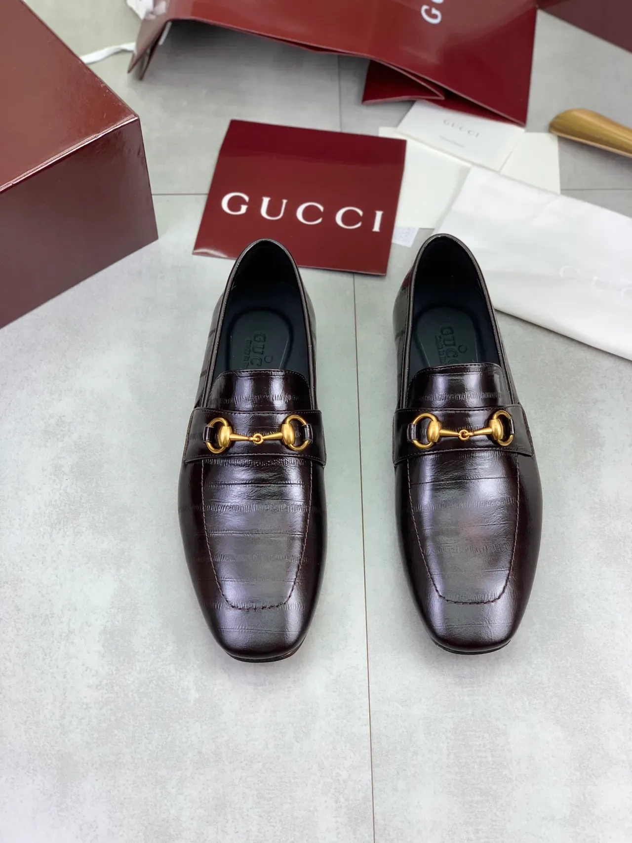 Gucci Horsebit 1955 Brown Gold Croc-Embossed Leather Buckle Loafer 5