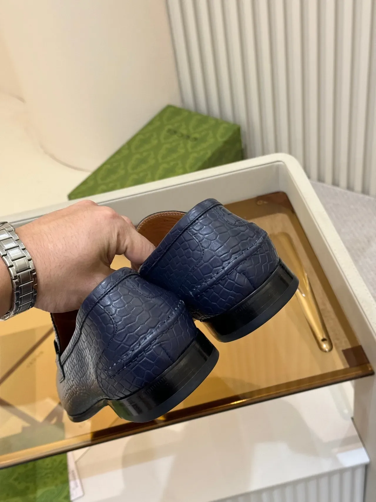 Gucci Horsebit 1955 Navy Croc-Embossed Leather Loafers 3
