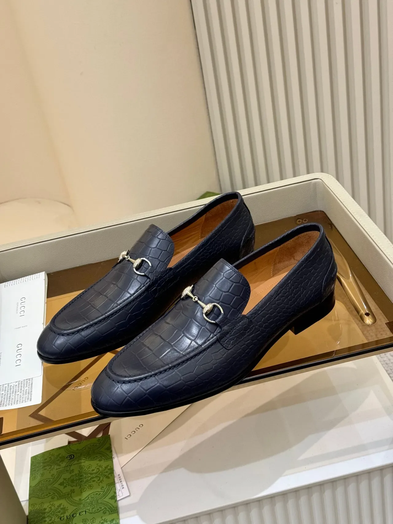 Gucci Horsebit 1955 Navy Croc-Embossed Leather Loafers 5