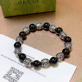 Gucci Interlocking G Beaded Black Silver Motif Bracelet