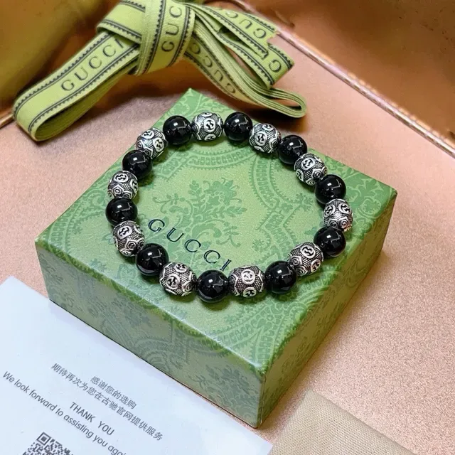 Gucci Interlocking G Beaded Black Silver Motif Bracelet 2