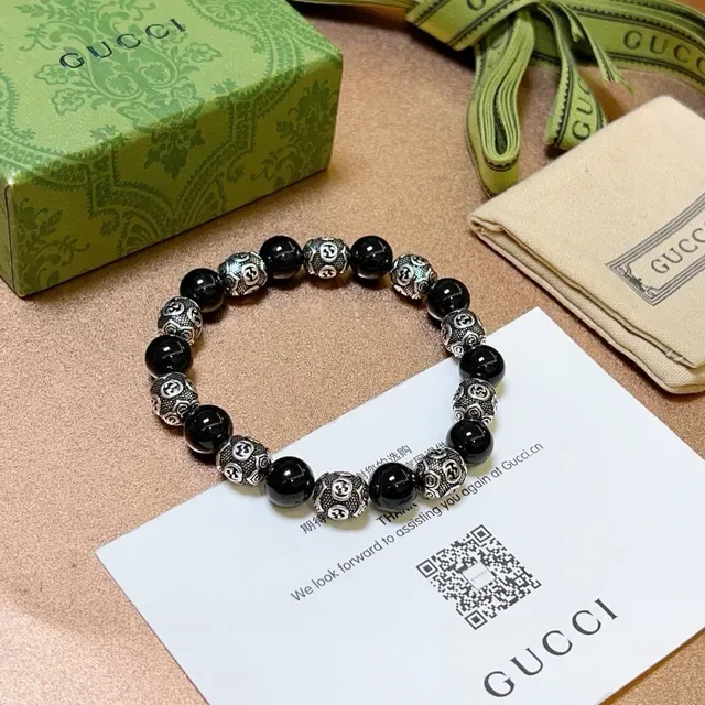 Gucci Interlocking G Beaded Black Silver Motif Bracelet 3