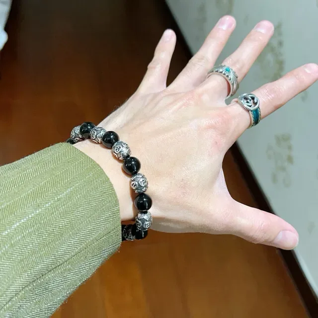 Gucci Interlocking G Beaded Black Silver Motif Bracelet 4