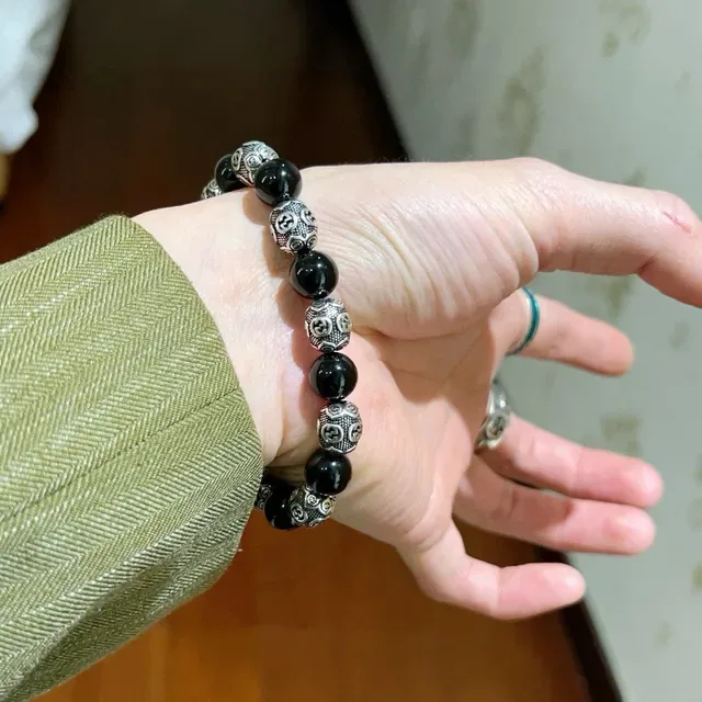 Gucci Interlocking G Beaded Black Silver Motif Bracelet 7