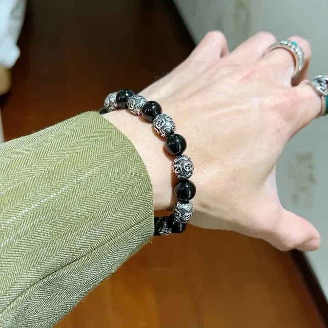 Gucci Interlocking G Beaded Black Silver Motif Bracelet 8