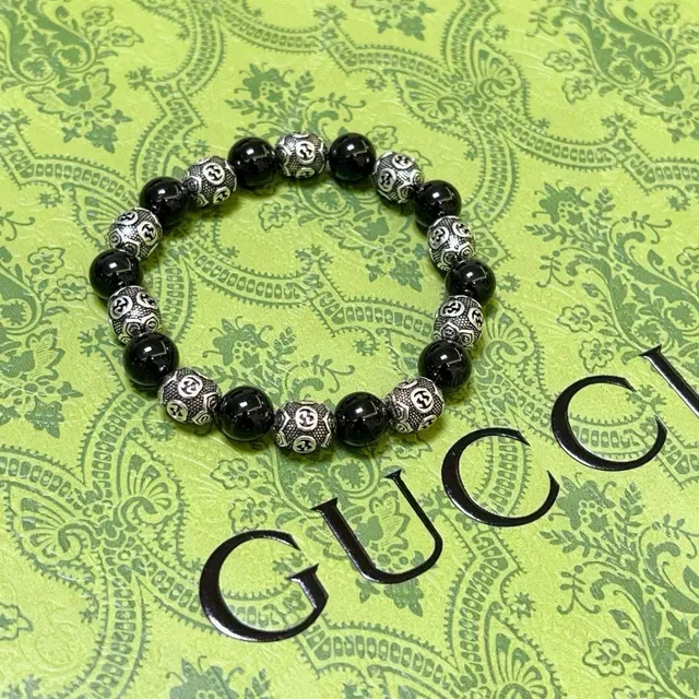 Gucci Interlocking G Beaded Black Silver Motif Bracelet 9