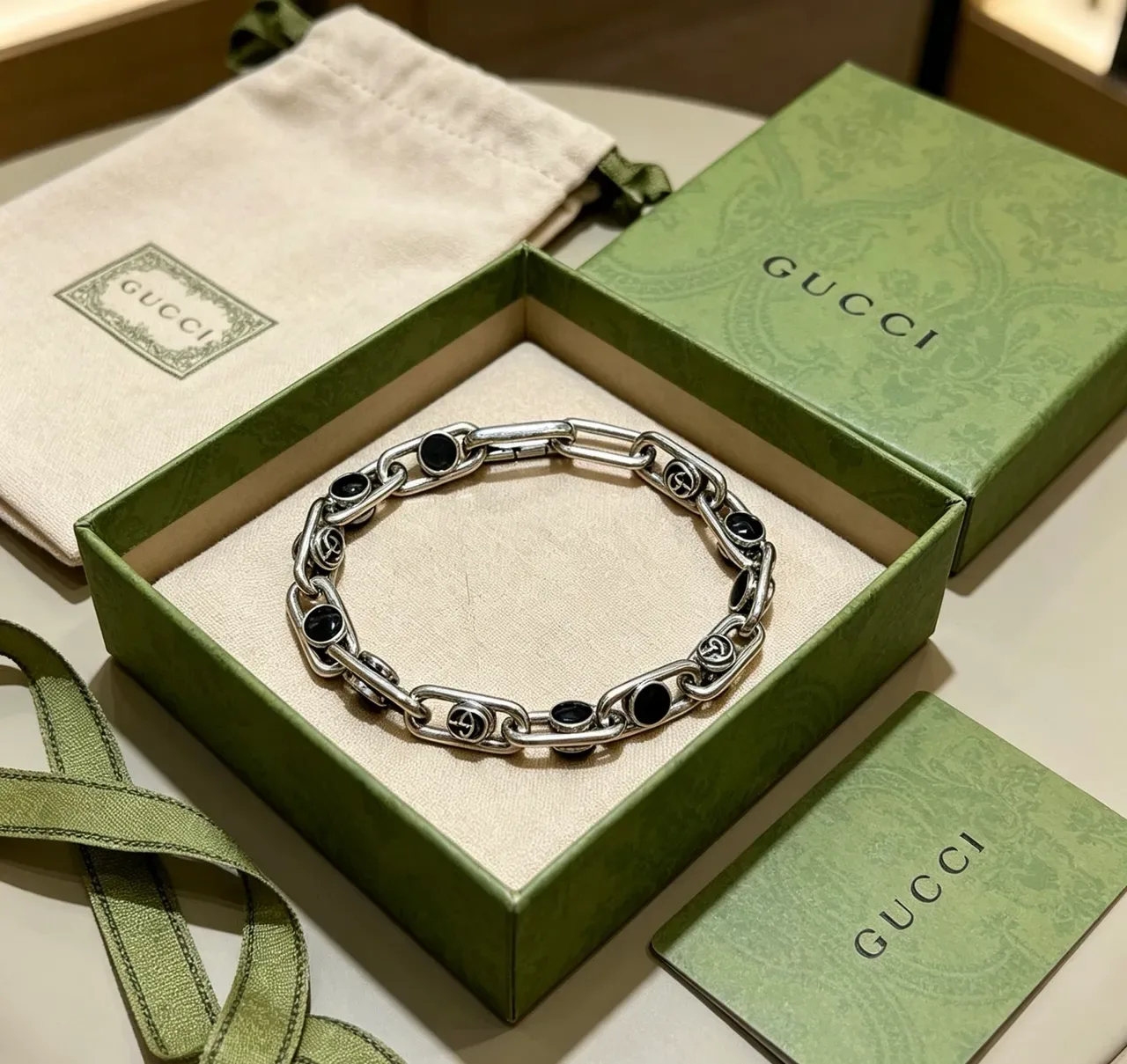 Gucci Interlocking G Chain Silver and Black Bracelet 4